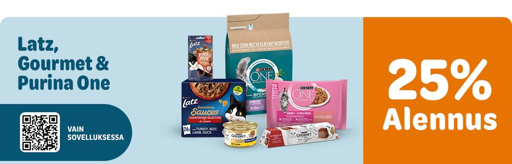 Gourmet, Latz, Purina One. 25% alennusta. Vain sovelluksessa. 