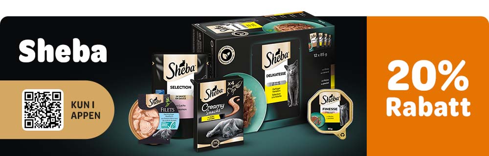 20% rabatt. Sheba. Gäller på köp via vår app.