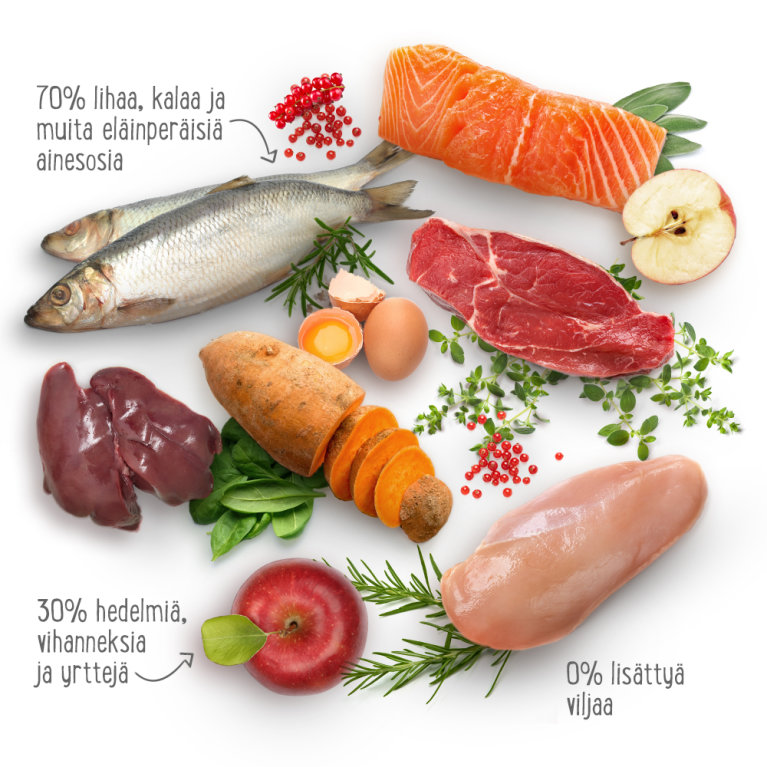 70% lihaa, kalaa ja muita eläinperäisiä ainesosia. 30% hedelmiä, vihanneksia ja yrttejä. 0% lisättyä viljaa