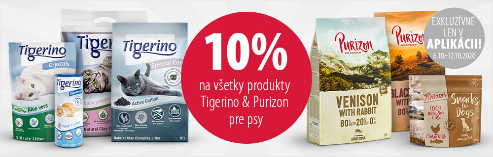 10% zľava na všetky produkty Tigerino & Purizon pre psy