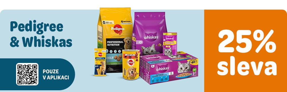 Pedigree a whiskas. Pouze v aplikaci. 25% sleva
