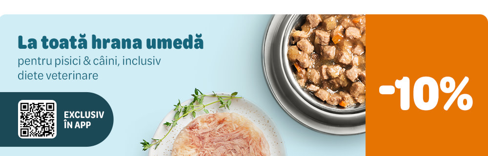 10% reducere la toată hrana umedă, exclusiv în APP! Activează codul în APP!