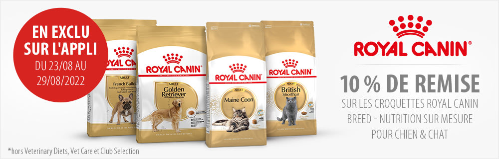 10 % de réduction sur les croquettes Royal Canin Breed en exclusivité sur l'application zooplus
