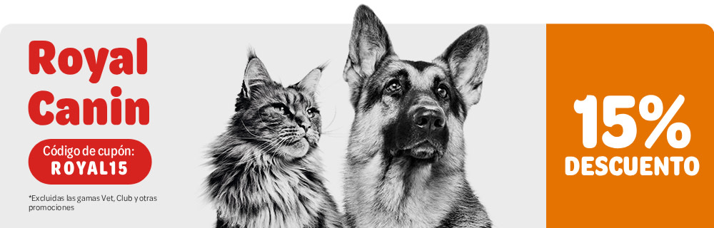 15 % en pienso y comida húmeda Royal Canin para perros y gatos