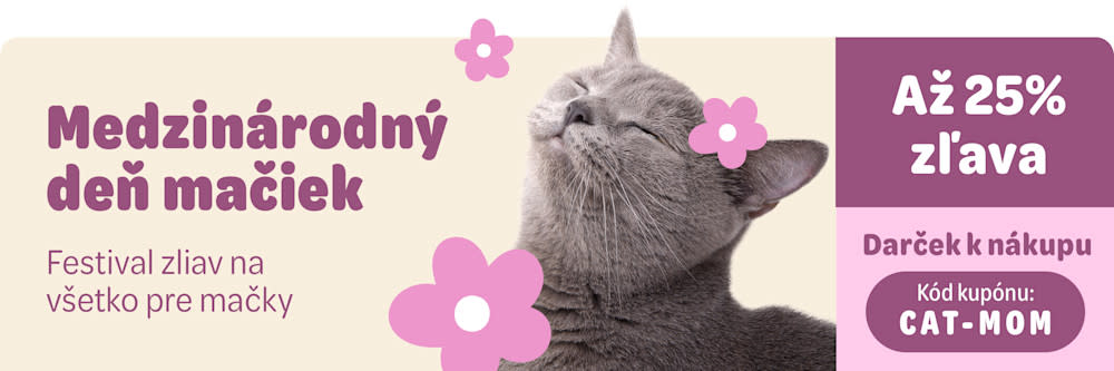 Medzinárodný deň mačiek. Festival zliav na všetko pře mačky. Až 2%% zľava. Darček k nákupu: kód kupónu: CAT-MOM