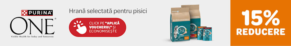 Purina One. 15% reducere. Hrană selectată pentru pisici. Click pe "Aplică voucherul și economisește."