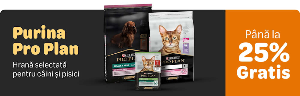 Purina Pro Plan. Hrană selectată pentru câini și pisici. Până la 25% gratis. 