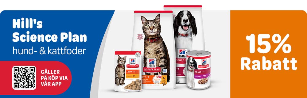15% rabatt. Hill's Science Plan hund- & kattfoder. Gäller på köp via vår app.