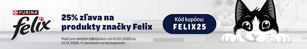 25% zľava na produkty značky Felix. Kód kupónu: FELIX25 Platí pre nových zákazníkov od 01.01.2026 do 31.12.2026. V závislosti od dostupnosti