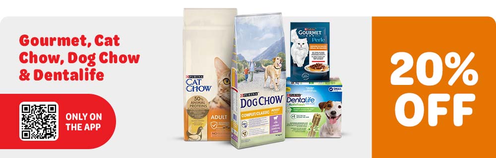 20% off Gourmet, Cat Chow, Dog Chow, Dentalife: only on the app.