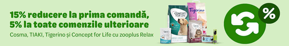15% reducere la prima comandă, 5% la comenzile ulterioare Cosma, Tiaki, Tigerino, Concept for Life cu zooplus Relax