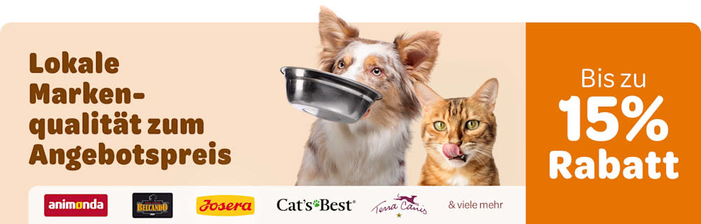 Lokale Markenqualität zum Angebotspreis: Bis zu 15% Rabatt auf animonda, Belcando, Josera, Cat's Best, Terra Canis & viele mehr.