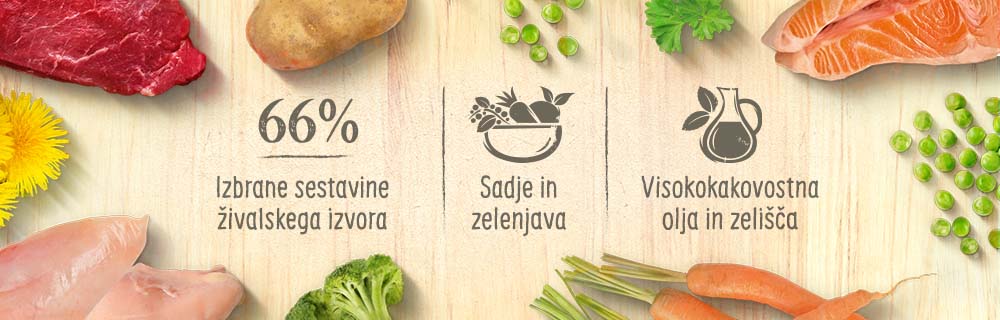 66% izbrane sestavine živalskega izvora. Sadje in zelenjava. Visokokakovostna olja in zelišča.