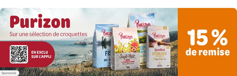 15 % de réduction sur les croquettes  Purizon en exclusivité sur l'application