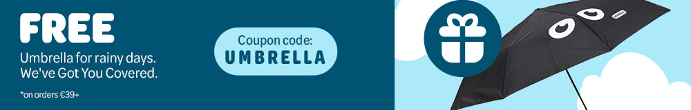 Free Umbrella when you spend €39+. Coupon 'UMBRELLA'