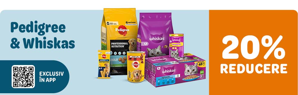 EXCLUSIV ÎN APP. Până la 20% reducere la Pedigree și Whiskas.