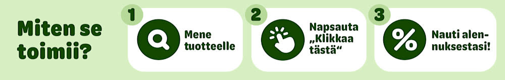 Miten se toimii? 1. Mene tuotteelle. 2. Napsauta "Klikkaa tästä". 3. Nauti alennuksestasi!