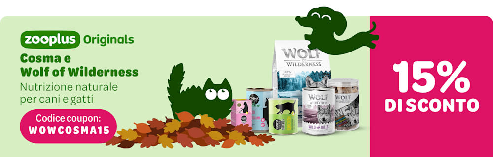 15% di sconto sul cibo per gatti Cosma e per cani Wolf of Wilderness!
