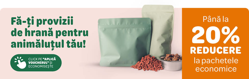 Fă-ți provizii de hrană pentru animăluțul tău! Până la 20% reducere la pachetele economice. Click pe Aplică voucherul și economisește. 