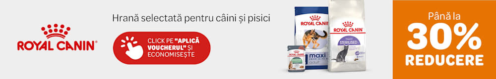Royal Canin, hrană selectată pentru câini și pisici. Până la 30% reducere. Click pe "Aplică voucherul și economisește."