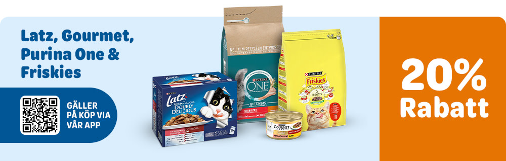 20% rabatt. Latz, Gourmet, Purina Once, Friskies. Gäller på köp via vår app.