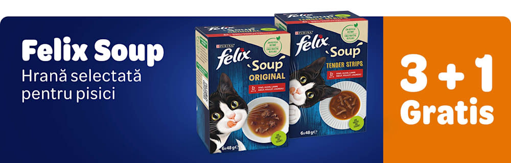 Felix Soup. Hrană selectată pentru pisici. 3+1 gratis. Click pe "Aplică voucherul și economisește."