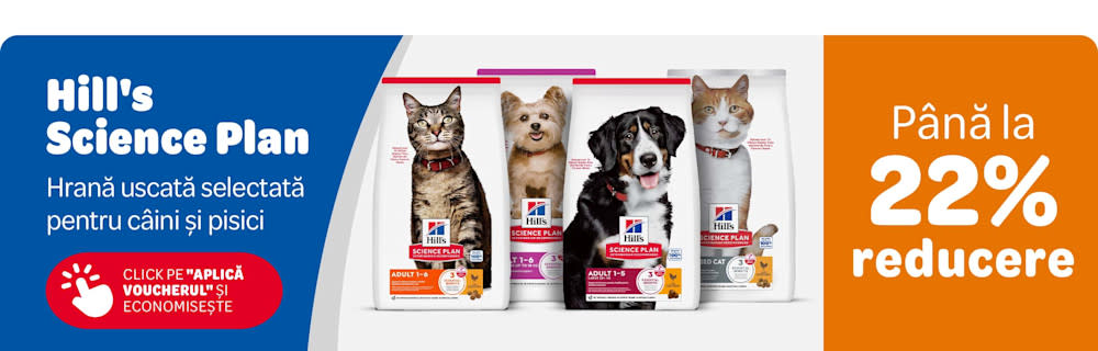 Hill's Science Plan, hrană uscată selectată pentru câini și pisici. Până la 22% reducere. Click pe "Aplică voucherul și economisește."