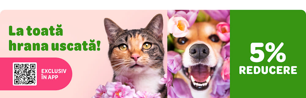 5% discount la toată hrana uscată! Exclusiv în Aplicație