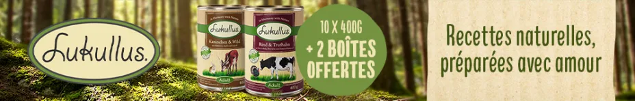 Boîtes Lukullus pour chien 10 x 400 g + 2 boîtes offertes !