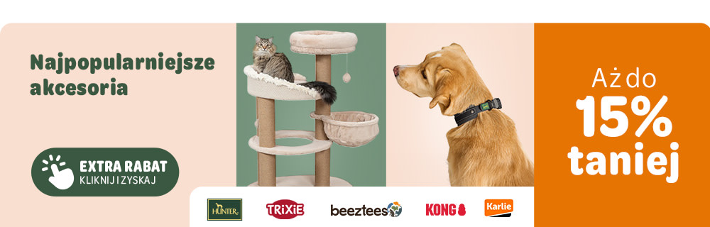Aż do 15% zniżki na wybrane akcesoria marek:  Hunter, Heim, Trixie, beeztees, KONG, Karlie.