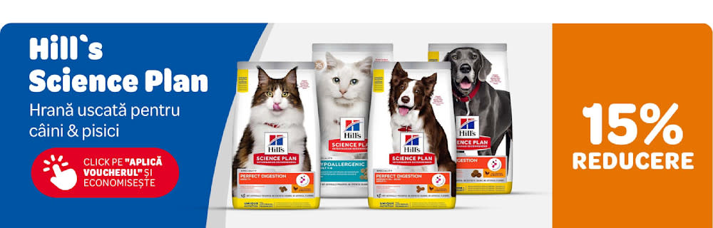Hill's Science Plan - Hrană uscată pentru câini și pisici. 15% reducere. Click pe "Aplică voucherul și economisește."