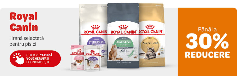Royal Canin, hrană selectată pentru pisici. Până la 30% reducere. Click pe "Aplică voucherul și economisește."