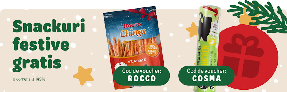 Snackuri festive gratis la comenzi ≥ 149 lei. Cod de voucher: ROCCO/COSMA