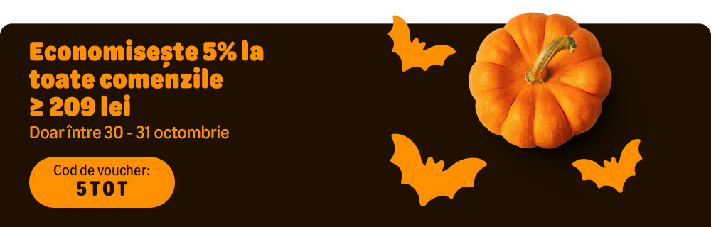 Economisește 5% la toate comenzile ≥ 209 lei. Doar între 30-31 octombrie. Cod voucher: 5TOT