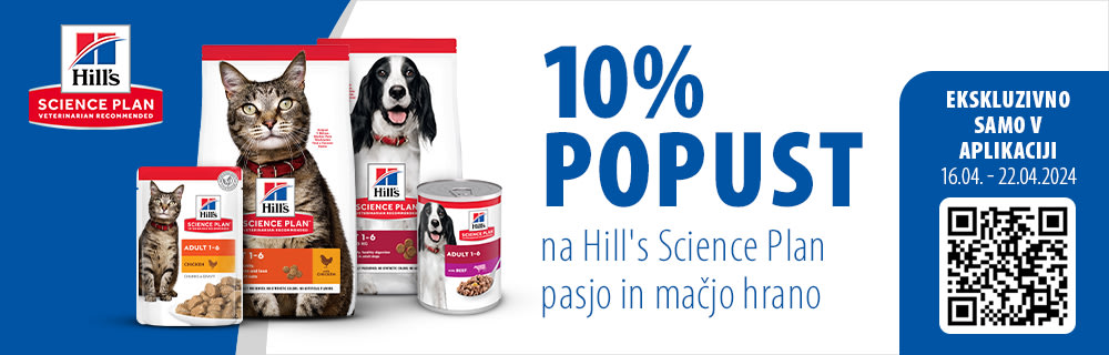 10% popust na Hill's Science Plan pasjo in mačjo hrano v naši mobilni aplikaciji