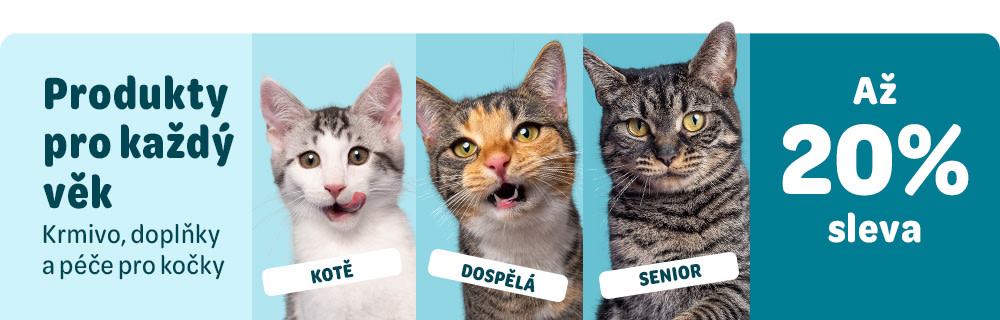 Produkty pro každý věk - krmivo, doplňky a péče pro kočky. KOTĚ, DOSPELÁ, SENIOR - Až 20% sleva