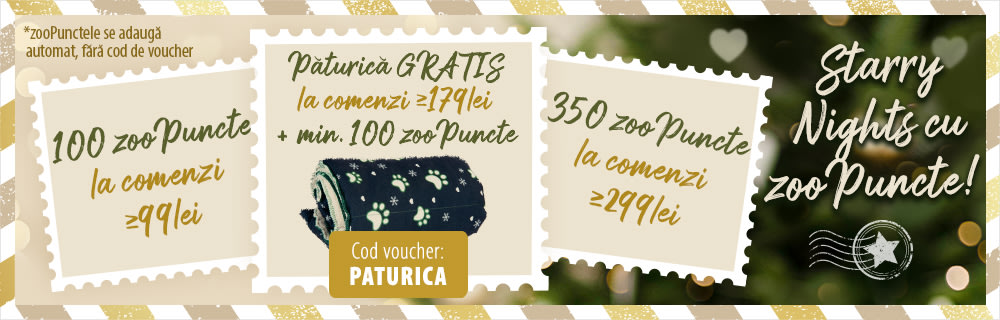 100 zooPuncte ≥ comenzi 99 lei, 350 zooPuncte ≥ comenzi 299 lei, Păturică gratis + min. 100 zooPuncte COD: PATURICA ≥ comenzi 179 lei