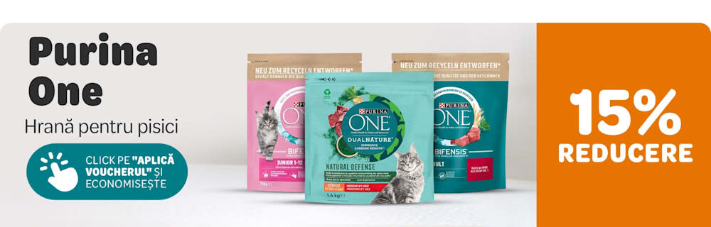 15% reducere. Purina One, hrană pentru pisici. Click pe "Aplică voucherul și economisește. "