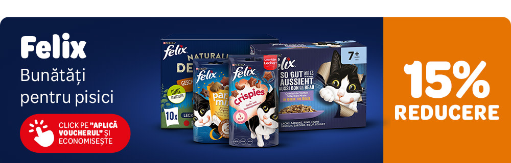 15% reducere la Purina Felix. Bunătăți pentru pisici. Click pe "Aplică voucherul și economisește."