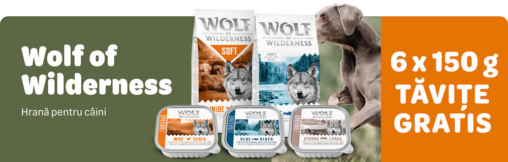 12 kg Wolf of Wilderness plus 6x150 g Wolf of Wilderness hrană pentru câini