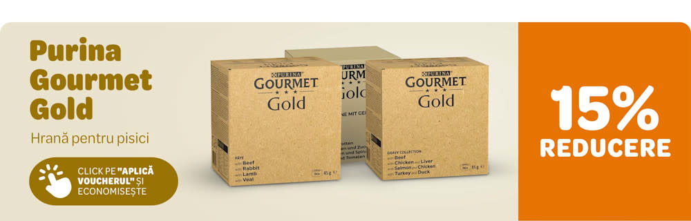 Purina Gourmet Gold. Hrană pentru pisici. 15% reducere. Click pe "Aplică voucherul și economisește."
