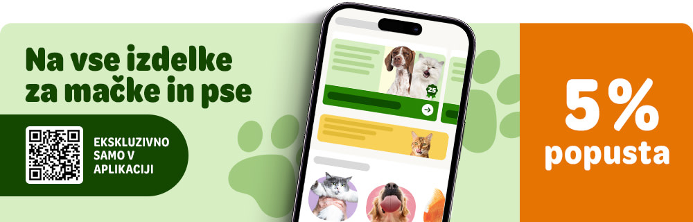 5% popust na vse izdelke za mačke in pse v naši mobilni aplikaciji!