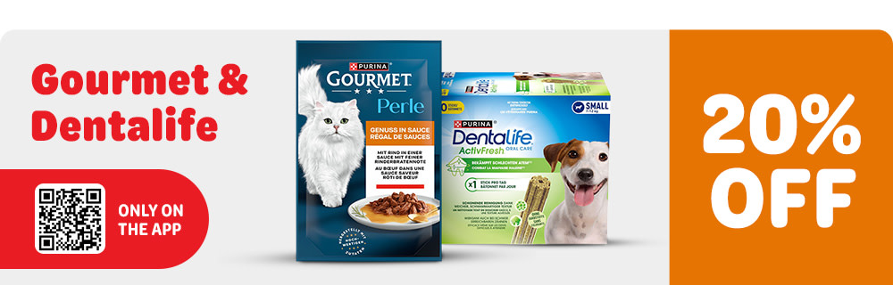 20% off on Gourmet, Cat Chow, Dog Chow and Dentalife only on the app.