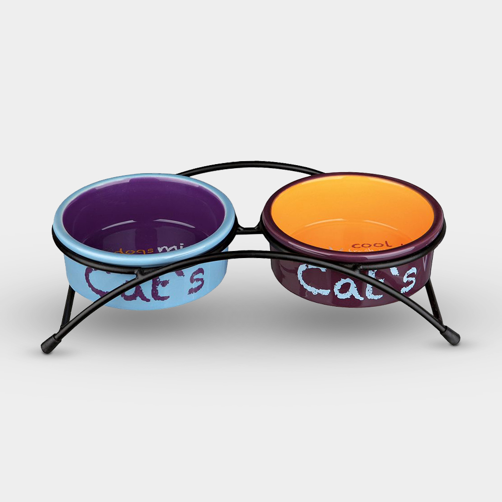 Gamelle 3 En 1 Pour Chat - Double Bol Incliné 15° + Fontaine à Eau 500 Ml - Matière PP, Démontable - Bleu