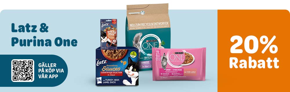 20% rabatt. Latz & Purina One. Gäller på köp via vår app.