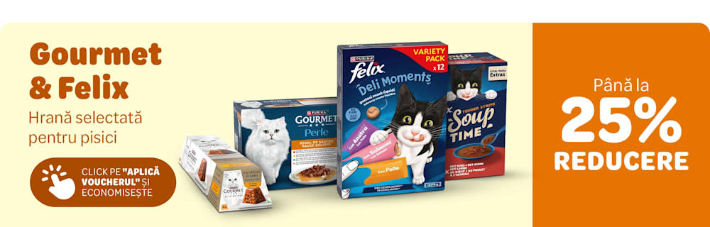 Gourmet & Felix. Hrană selectată pentru pisici. Până la 25% reducere. Click pe "Aplică voucherul și economisește."