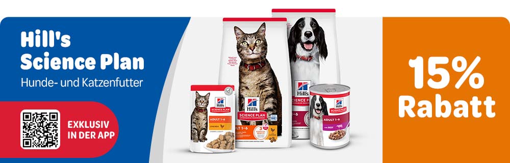 Exklusiv in der App: 15% Rabatt auf Hill's Science Plan Hunde- und Katzenfutter.