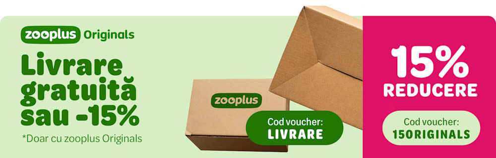 Adaugă în coș produse din gama zooplus Originals și alege Transport gratuit la întreaga comandă sau 15% reducere la produsele zooplus Originals