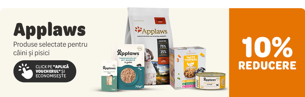 Applaws. Produse selectate pentru câini și pisici. 10% reducere. Click pe "Aplică voucherul și economisește."