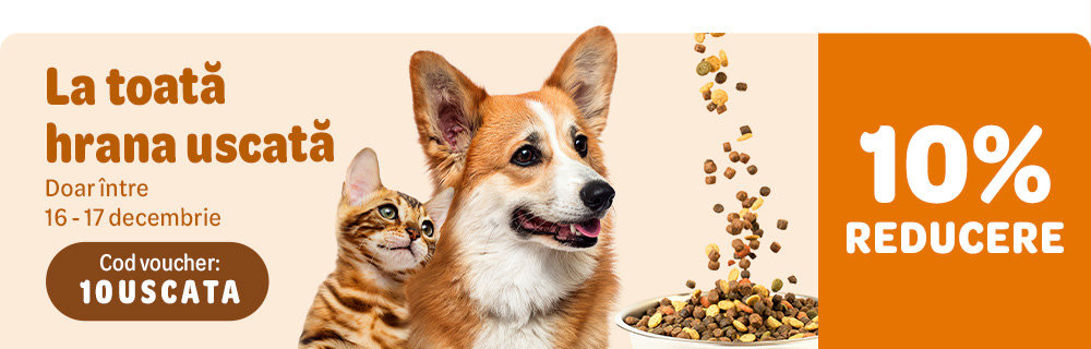 10% reducere la toată hrana uscată. Doar între 16-17 decembrie.  Cod voucher: 10USCATA